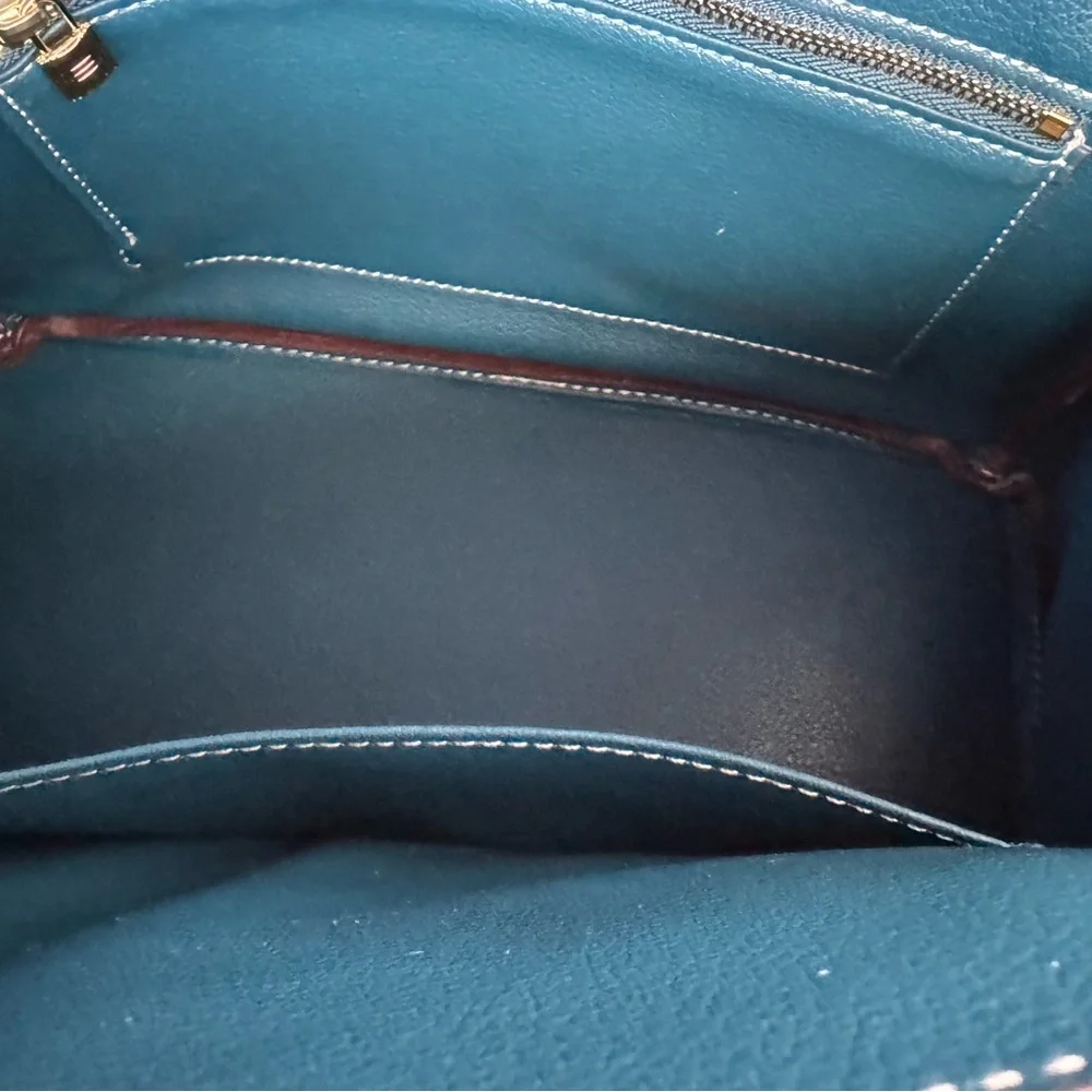 Blue Leather Top-Handle Satchel with Gold Hardware
